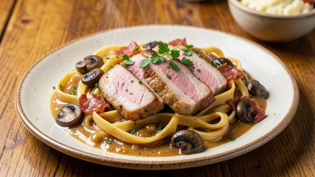 Creamy Pork Pasta Recipe: Silky Mushroom Sauce With Crispy Pancetta Bits
