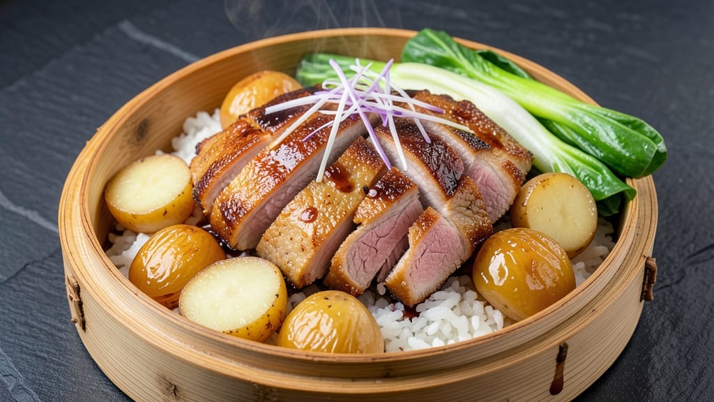 Chinese Steamed Pork Hash Recipe: Five-Spice Glossed Crunch Over Silky Rice