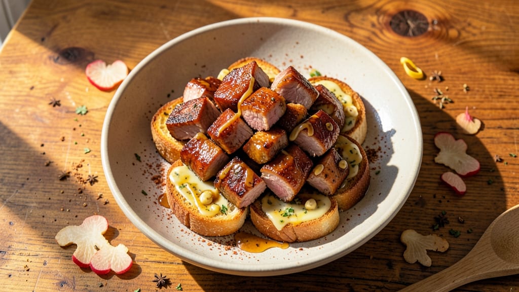 Chinese Roast Pork on Garlic Bread Recipe: Five-Spice Glossed Crust With Buttery Bites